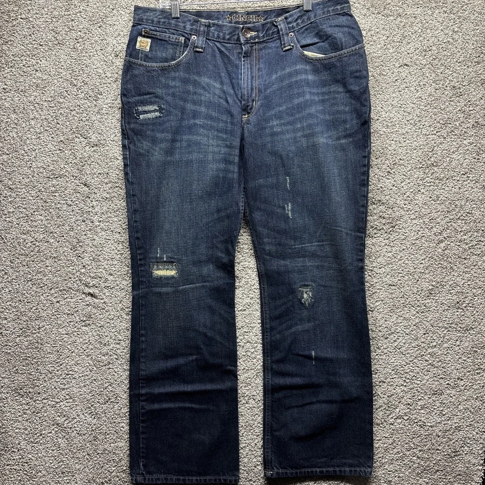 Cinch Cooper Men's 36x32 (38x32Measure) Dark Mid Distressed Bootcut‎ Denim Jeans
